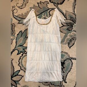 White Fringe long shirt with Gold sequin Detail size small